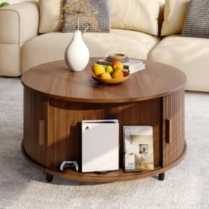 Modern Round Coffee Table with 360° Sliding Door & Fluted Wood Design