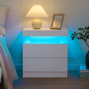 Cubehom LED Nightstand with 2 Drawers – White Bedside Table with RGB Lighting